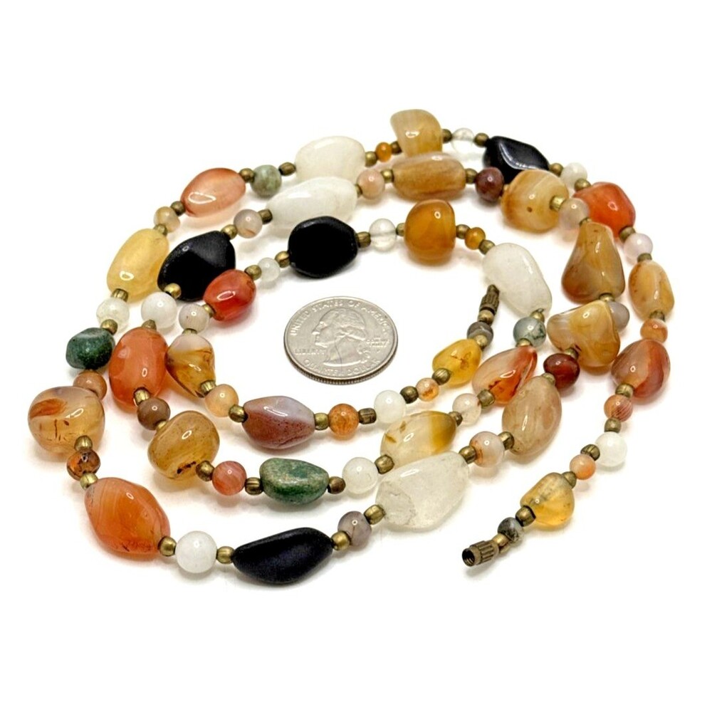 Vintage Semi Precious Stone Bead Necklace Quartz Agates Multicolor 36" Boho - Picture 9 of 9